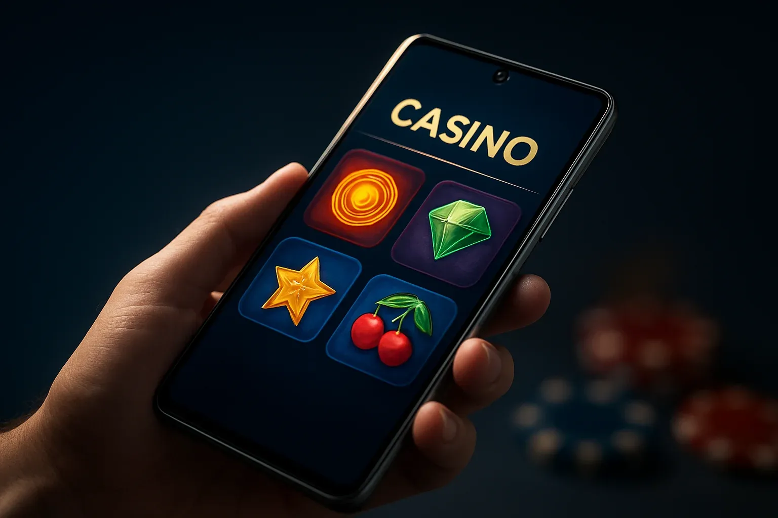 Flagship Android smartphone showing vivid casino app interface in dramatic lighting