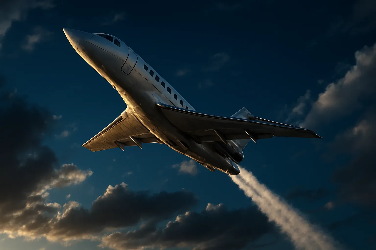 Sleek white jet aircraft climbing steeply through dramatic blue sky