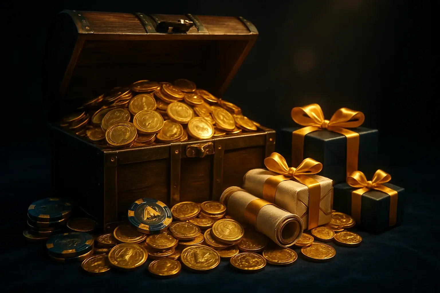 Overflowing treasure chest with gold coins, casino chips, vouchers, and gifts