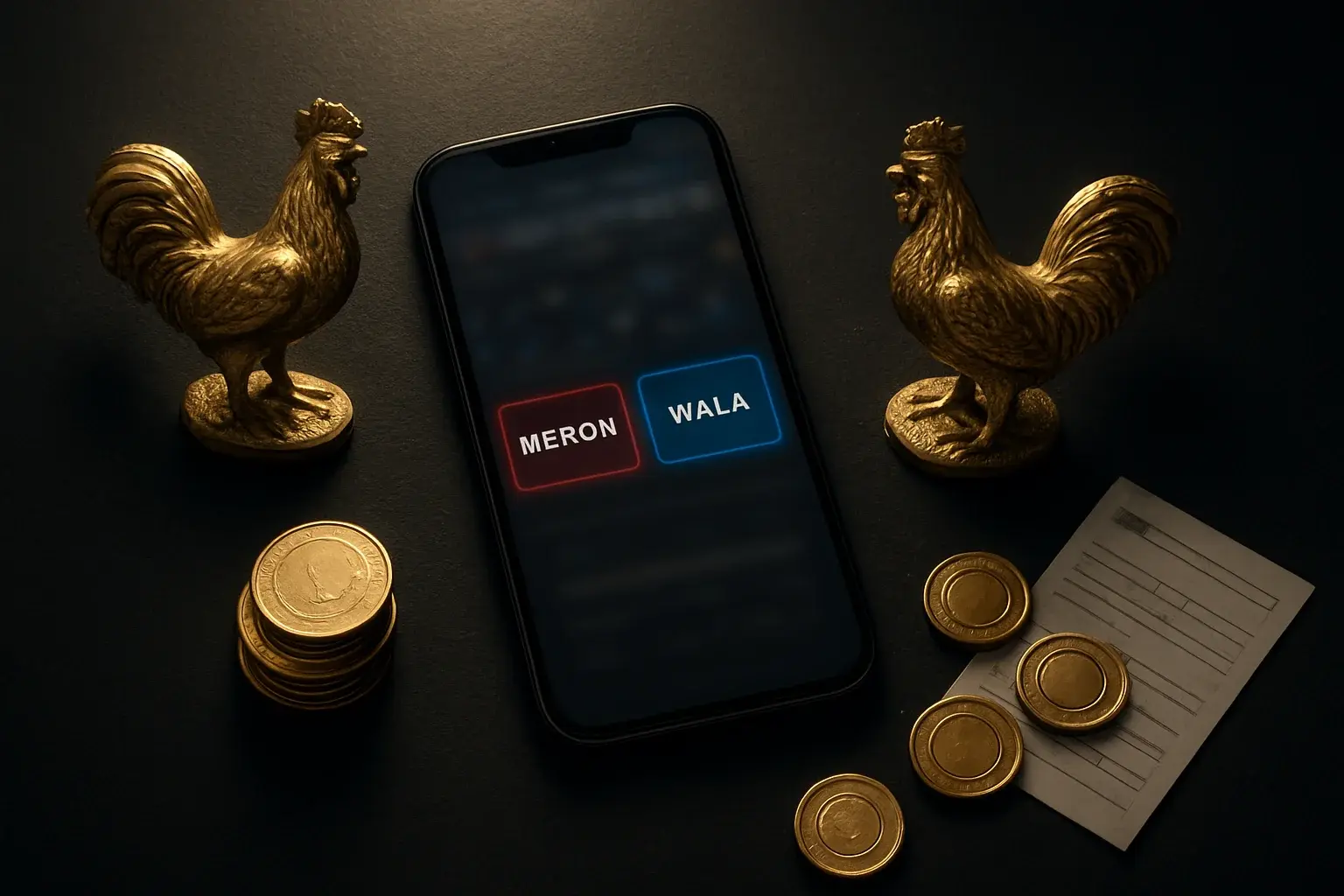 Smartphone with sabong betting interface, golden roosters, coins, and chips