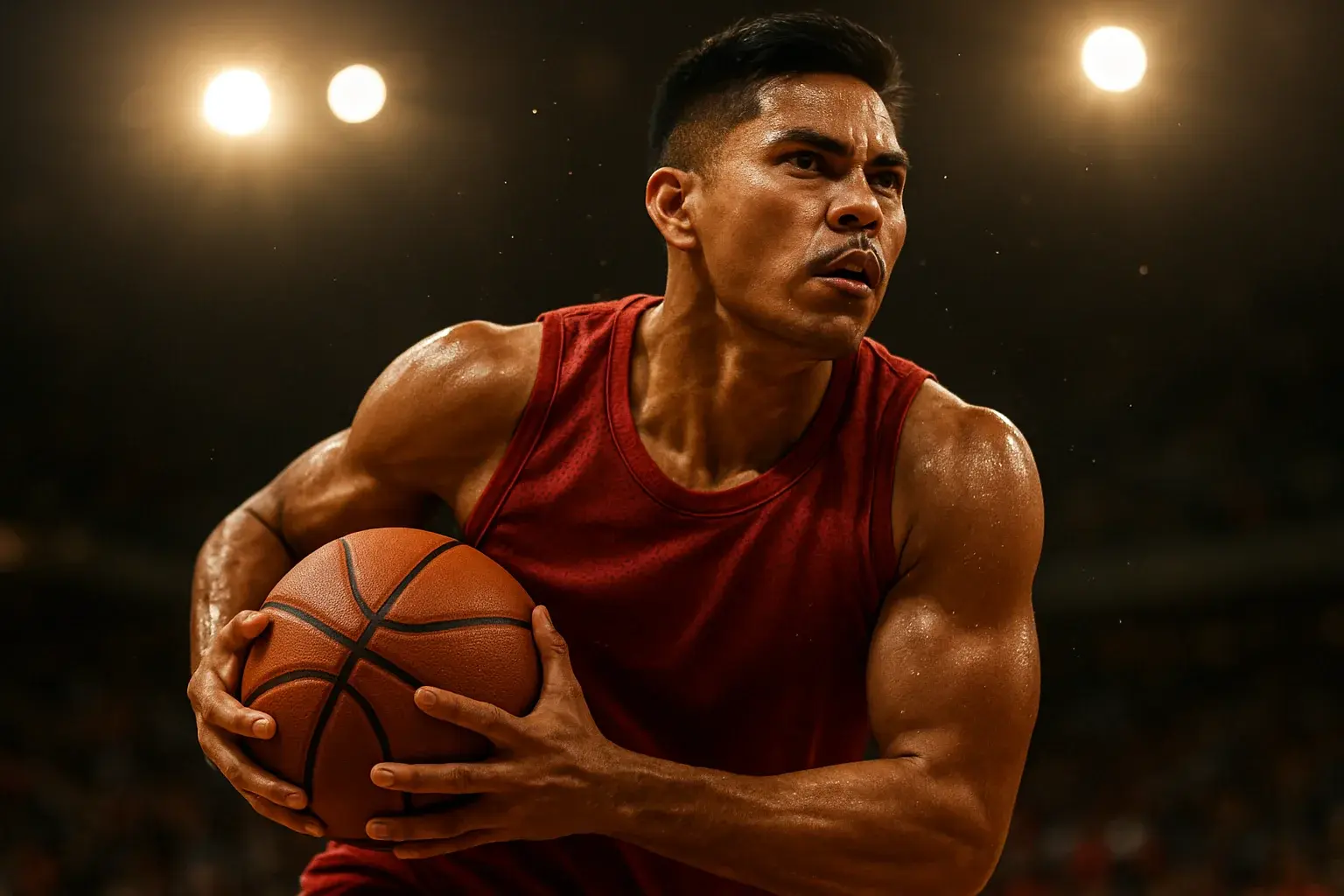 Filipino PBA basketball player driving mid-air toward basket in arena